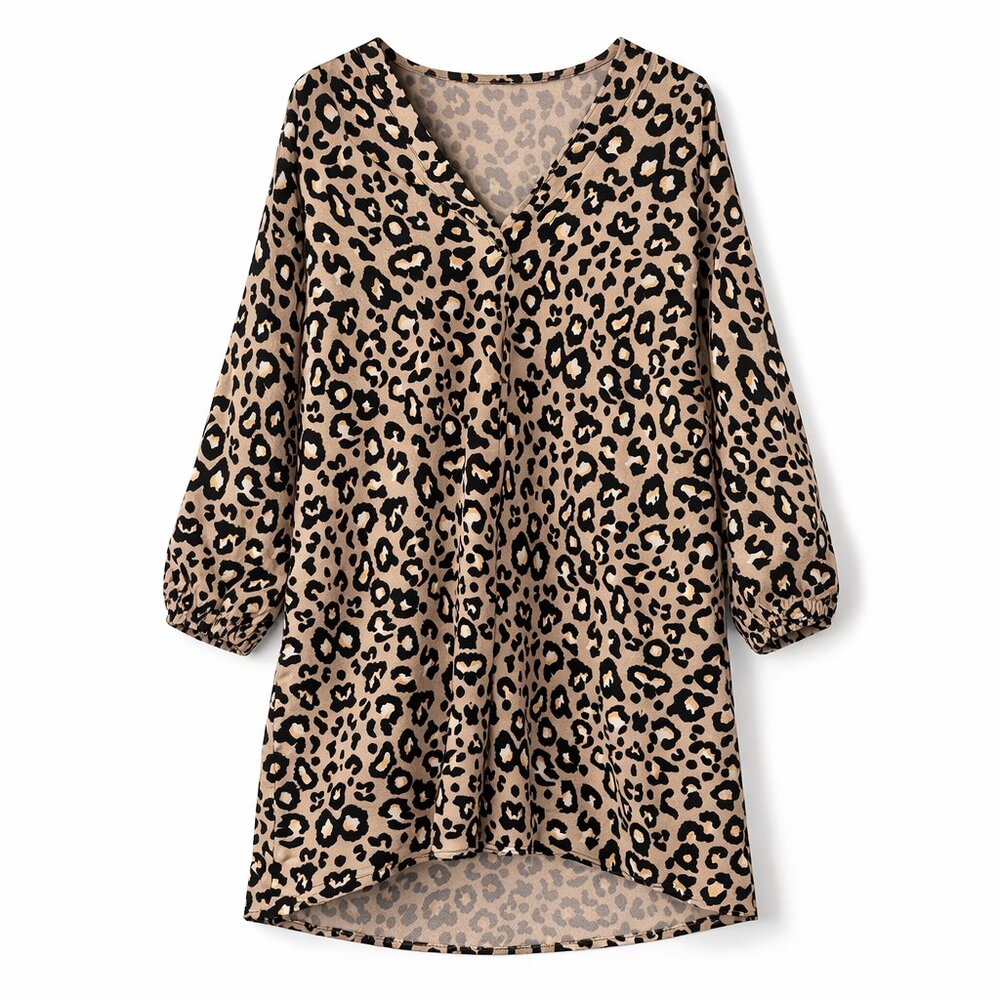 Leopard Print V-Neck Tunic Dress | Neutral Animal Print XL